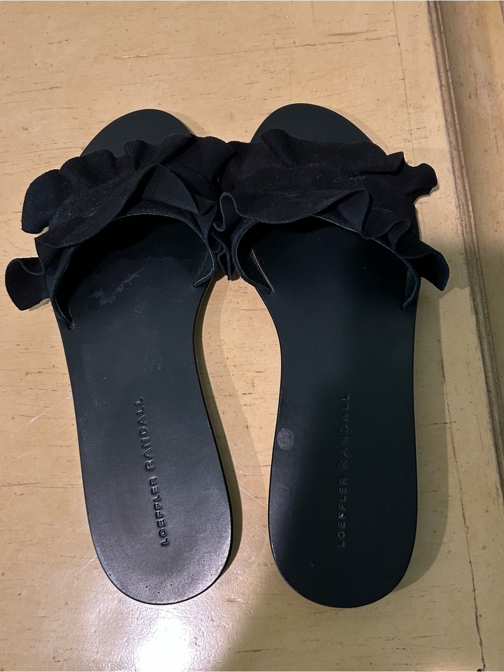 Loeffler Randall women’s birdie  black suede ruffle sandal in size 6.5